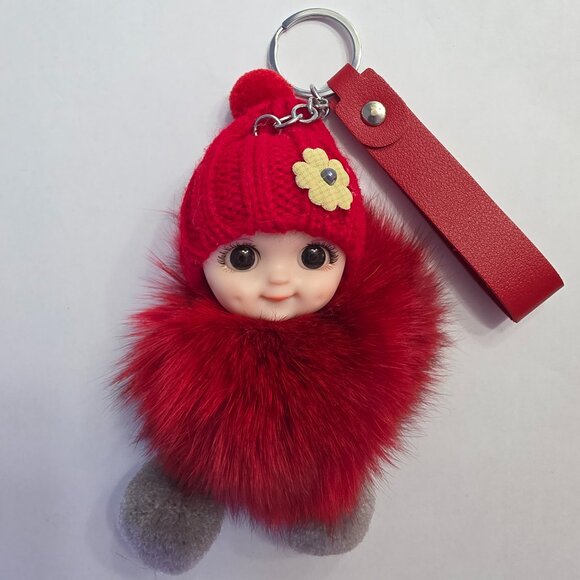 Cute Smiling Fur Baby Keychain with LOVE tag, Plush rabbit fur, Bag Charm - Picture 3 of 5